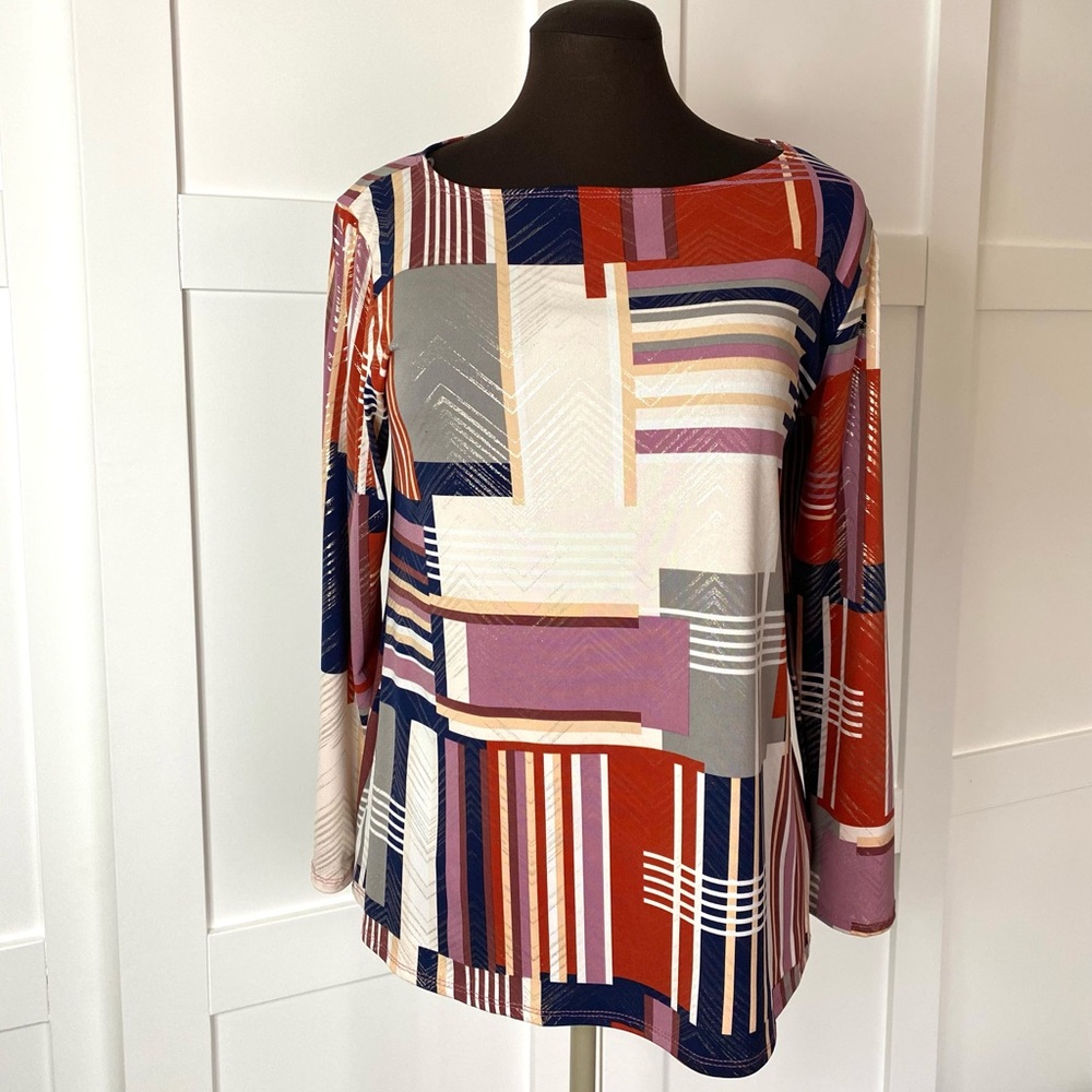 Jostar Stretchy Colorblock Geometric Golden Detail 3/4 Sleeves Tunic - Picture 2 of 10